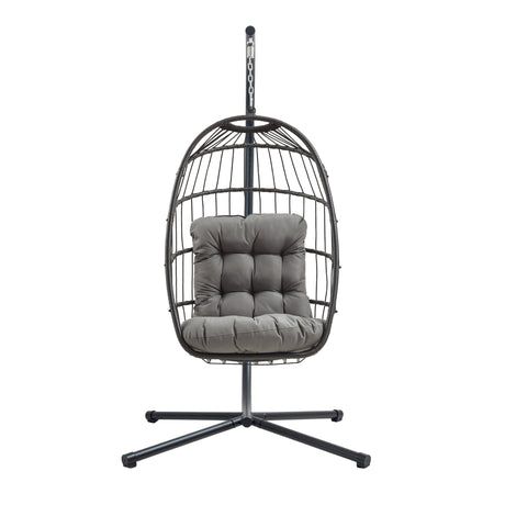 Poltrona sospesa a uovo in rattan nero, con struttura metallica e cuscino grigio imbottito, design moderno e accogliente