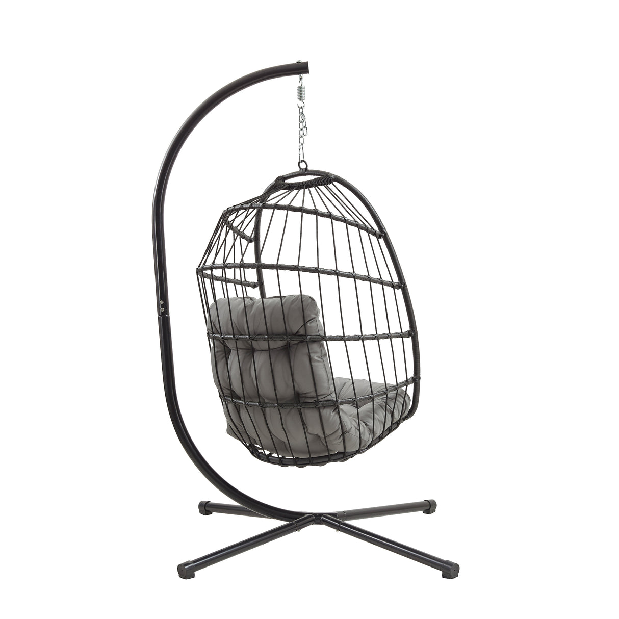 Poltrona sospesa a uovo in rattan nero, con struttura metallica e cuscino grigio, ideale per relax all'aperto o in casa