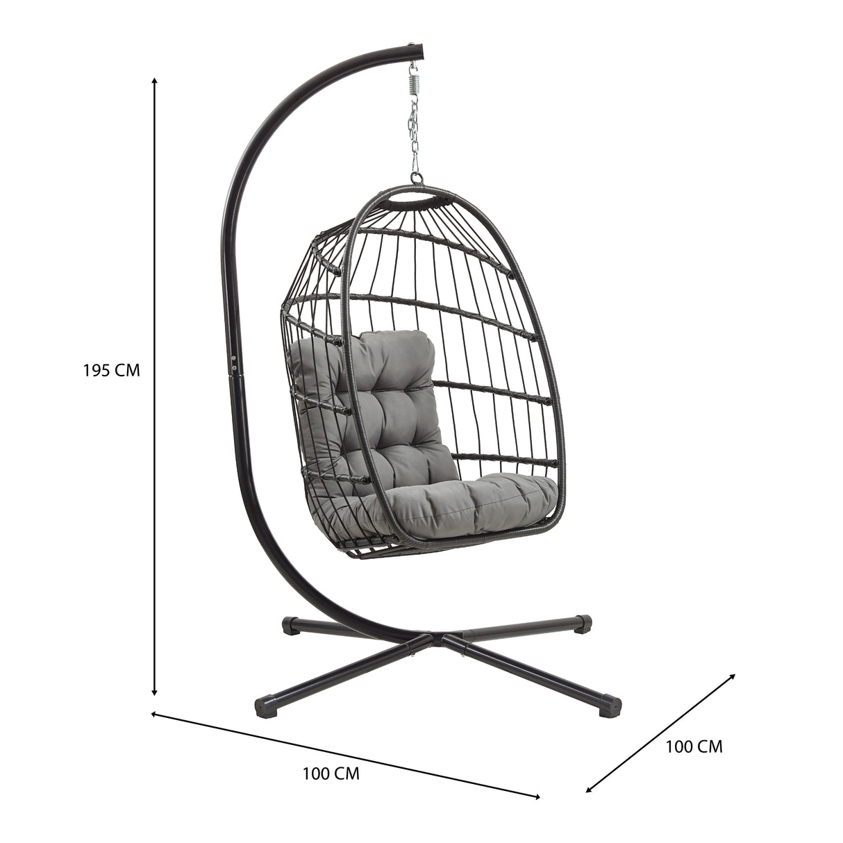 Poltrona sospesa a uovo in rattan nero con struttura metallica, cuscini grigi, design moderno e accogliente per interni ed esterni