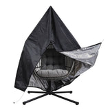 Poltrona sospesa a uovo in rattan nero con struttura metallica, cuscino grigio, design moderno e accogliente per interni ed esterni