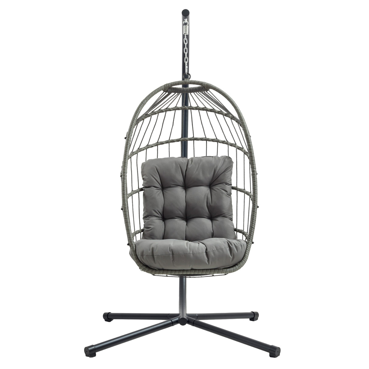 Poltrona sospesa a uovo in rattan grigio con cuscino imbottito, struttura nera, design moderno e accogliente per interni ed esterni