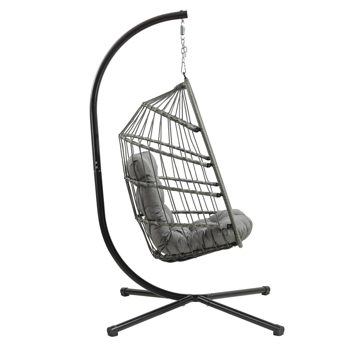 Poltrona sospesa a uovo in rattan grigio con struttura nera, cuscino morbido e design elegante per interni ed esterni