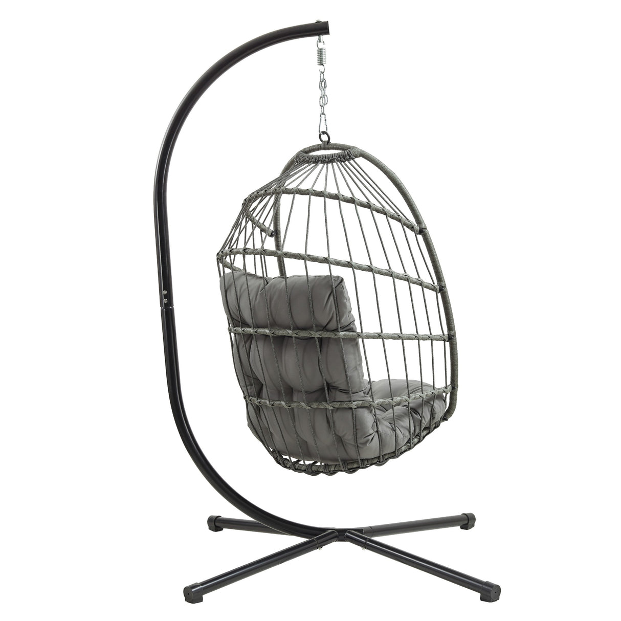 Poltrona sospesa a uovo in rattan grigio con struttura nera, cuscino morbido e design moderno, ideale per interni ed esterni
