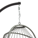 Poltrona sospesa a uovo in rattan grigio con struttura nera, design elegante e moderno, ideale per interni ed esterni