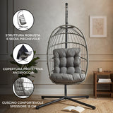 Poltrona sospesa a uovo in rattan grigio con struttura robusta, cuscino spesso, copertura protettiva e design elegante per interni ed esterni