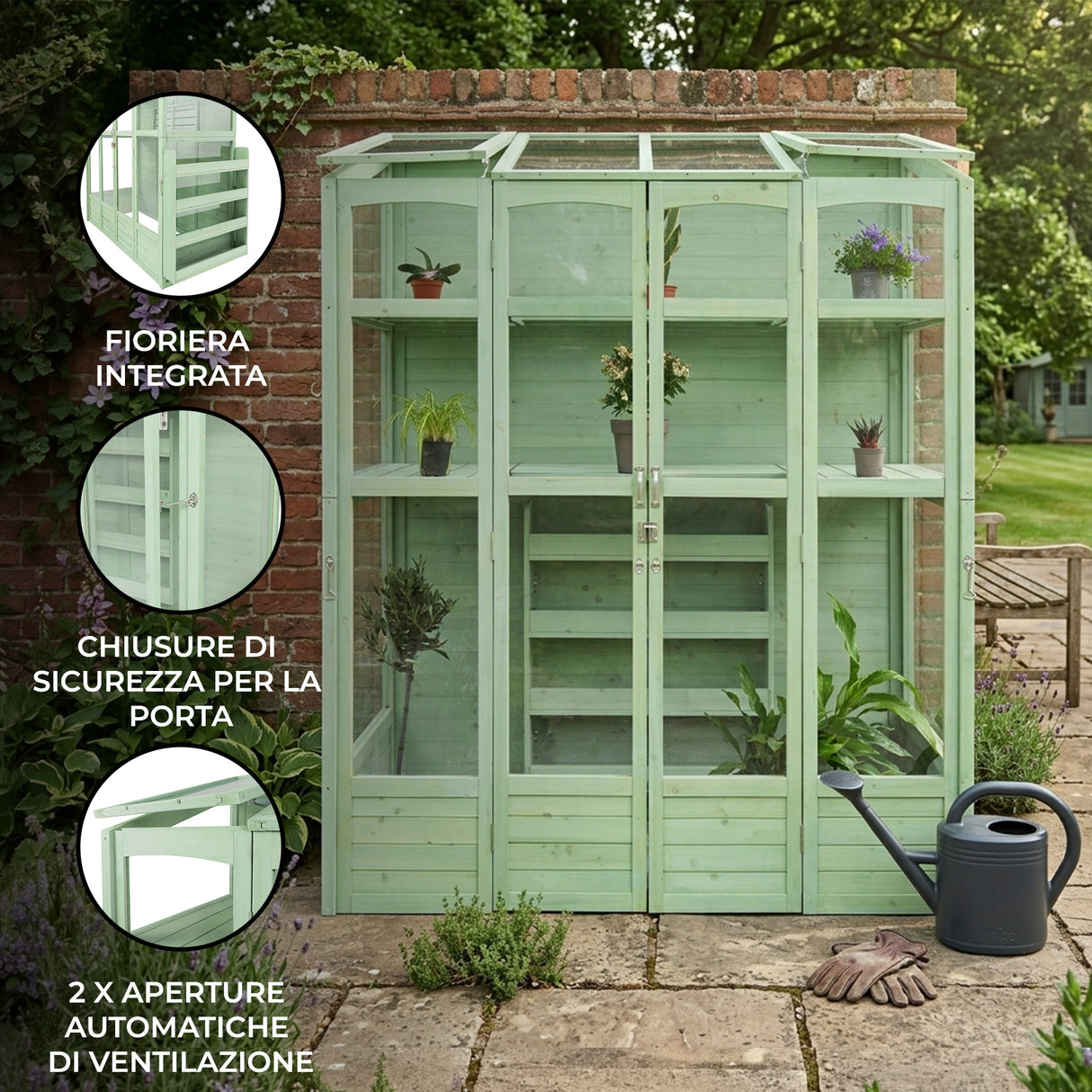 Serra Vittoriana da Giardino in Verde con Finestre Auto-Ventilate e Ripiani Regolabili
