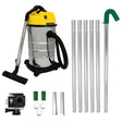 Aspiratore umido/secco 30L in acciaio inox con accessori, tubi in alluminio, telecamera 4K e attacco per grondaie verde