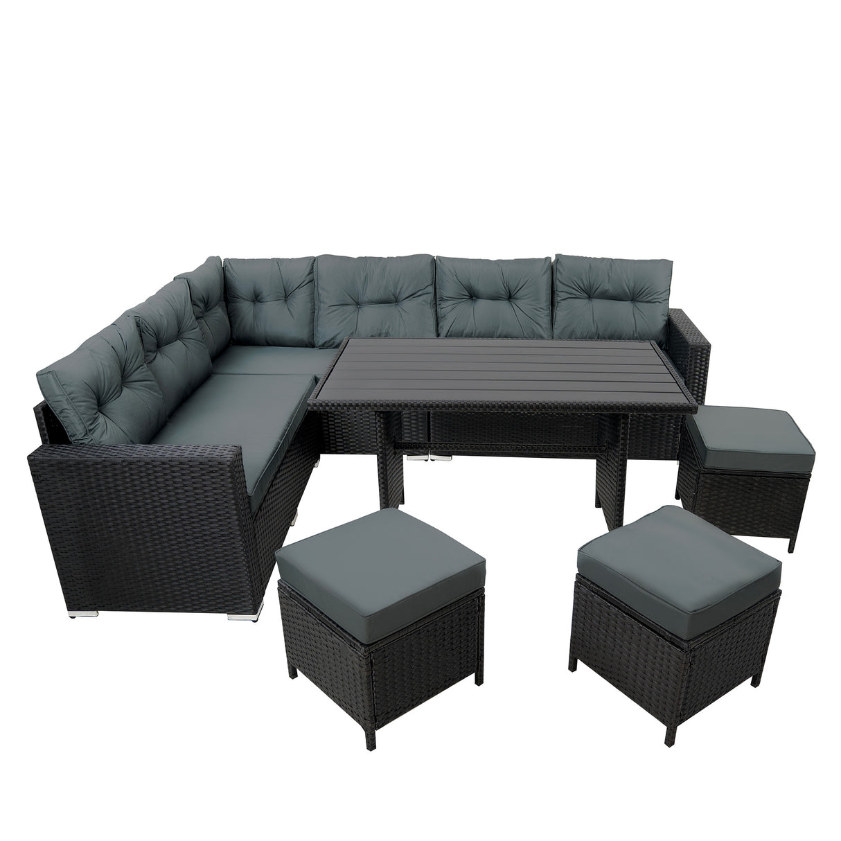 Set Angolare in Rattan 9 Posti con Tavolo in Polywood – Nero con Cuscini Grigi