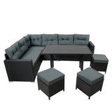 Set Angolare in Rattan 9 Posti con Tavolo in Polywood – Nero con Cuscini Grigi