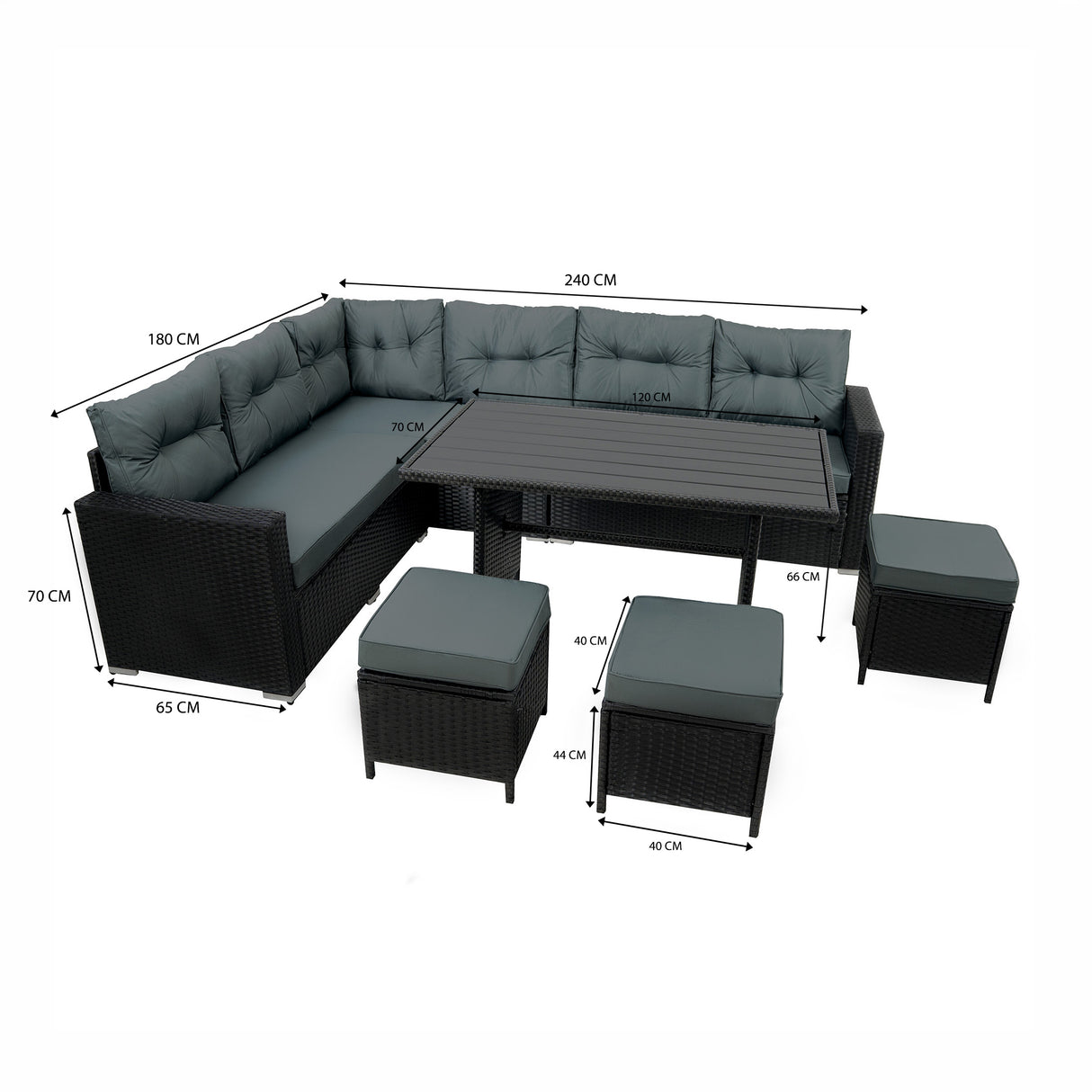 Set Angolare in Rattan 9 Posti con Tavolo in Polywood – Nero con Cuscini Grigi