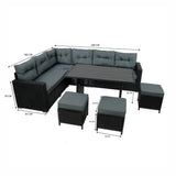 Set Angolare in Rattan 9 Posti con Tavolo in Polywood – Nero con Cuscini Grigi
