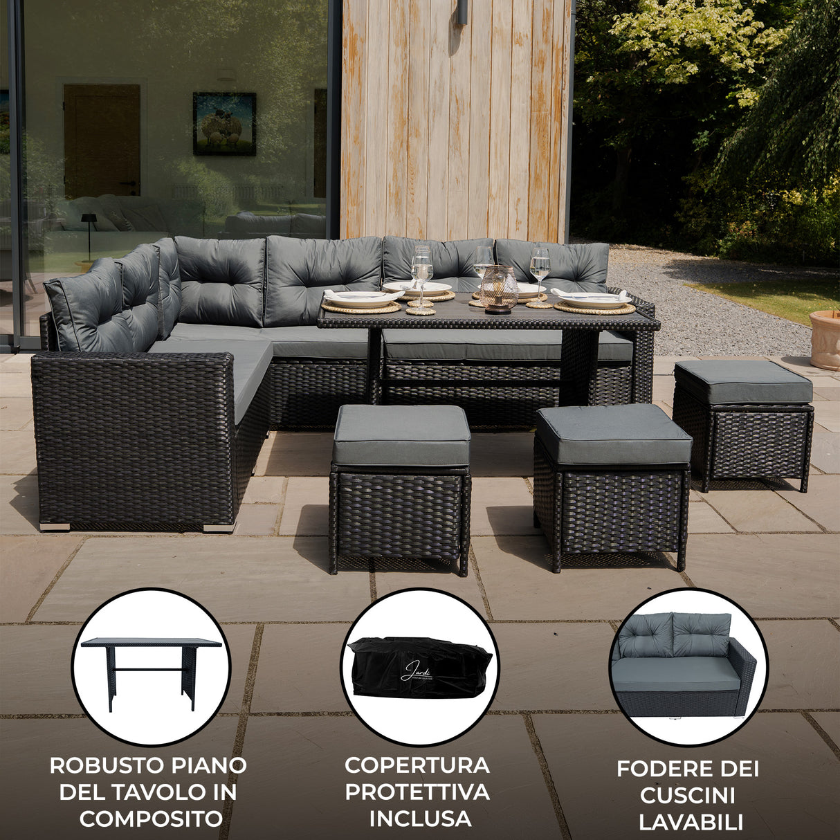 Set Angolare in Rattan 9 Posti con Tavolo in Polywood – Nero con Cuscini Grigi