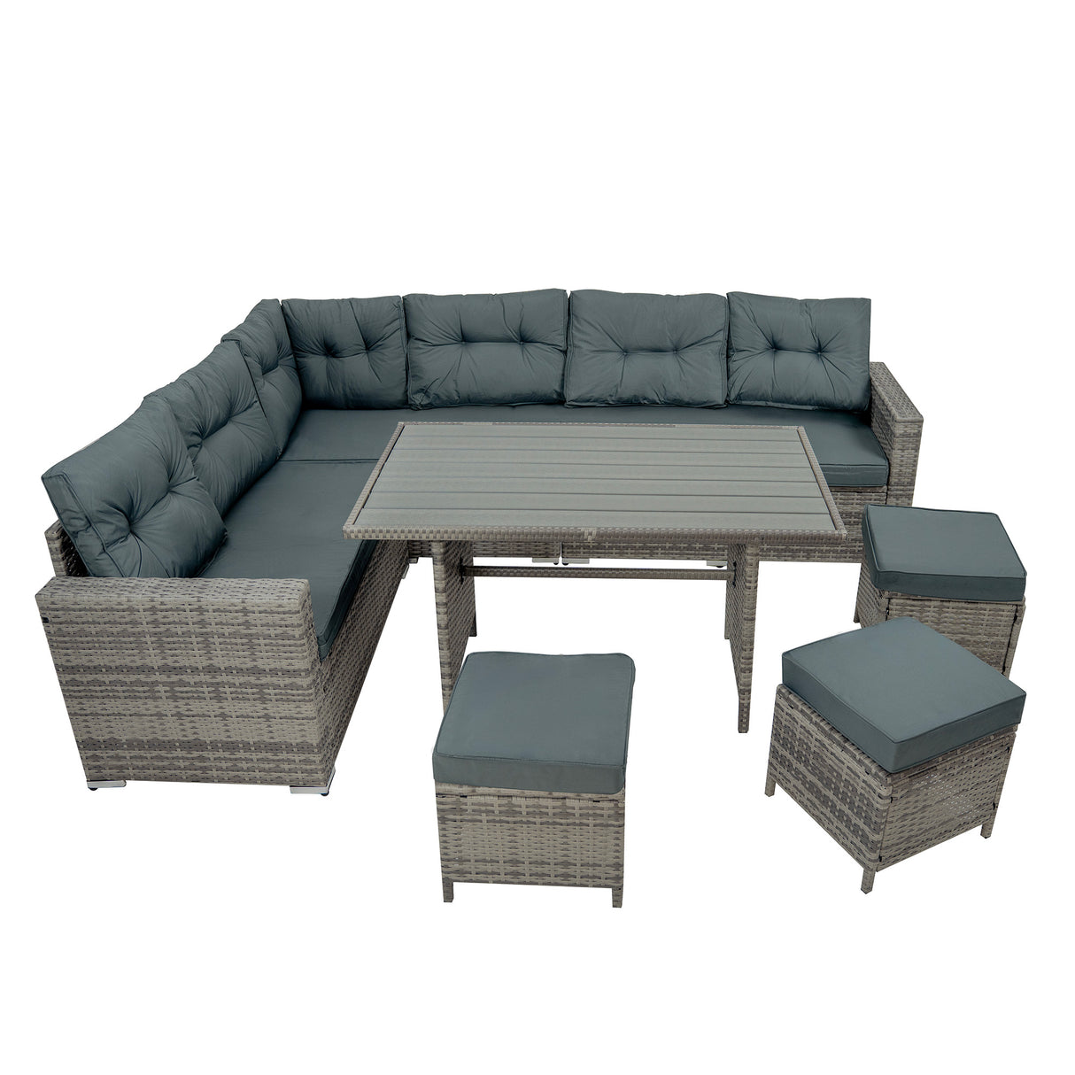 Set Angolare in Rattan 9 Posti con Tavolo in Polywood – Grigio con Cuscini Grigi