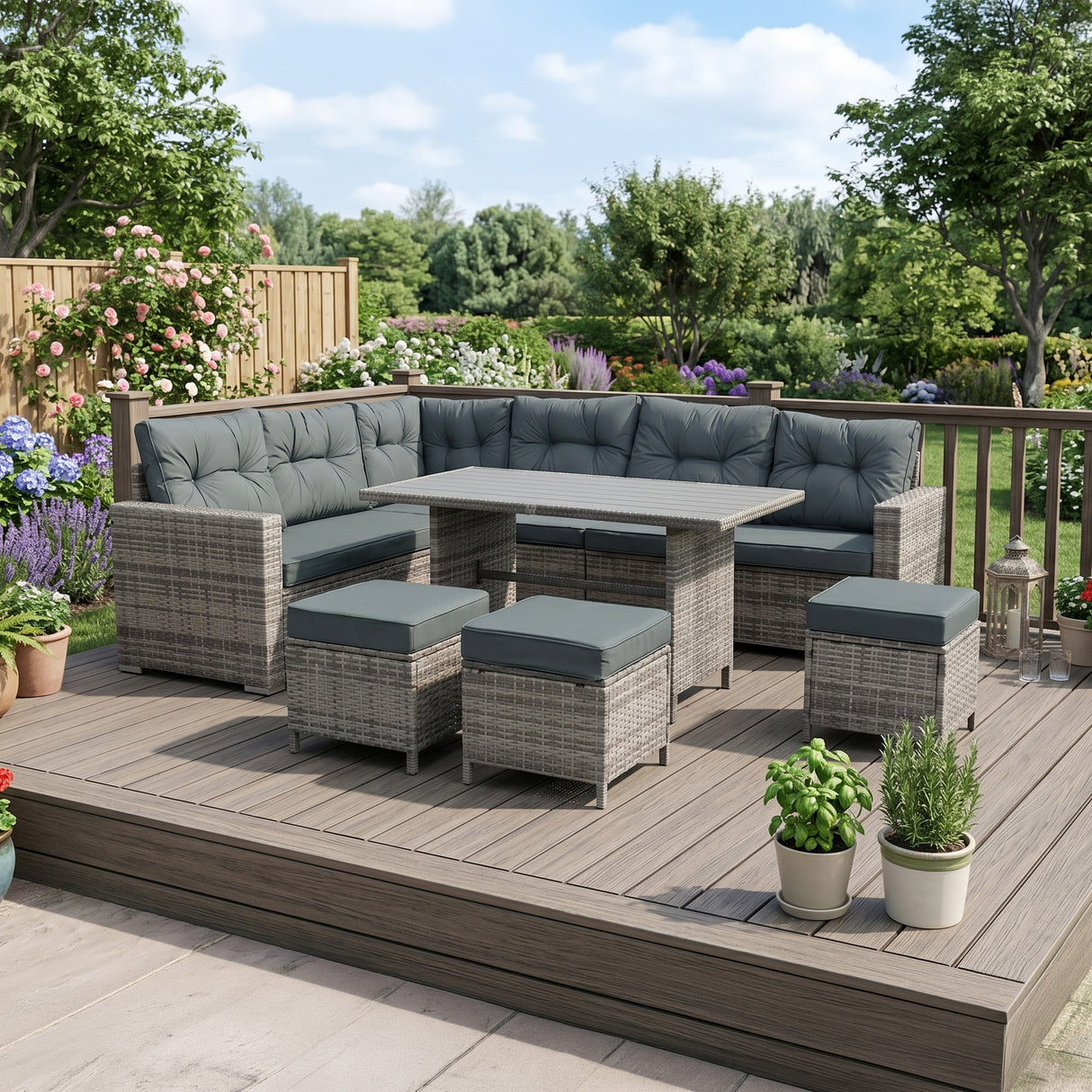 Set Angolare in Rattan 9 Posti con Tavolo in Polywood – Grigio con Cuscini Grigi