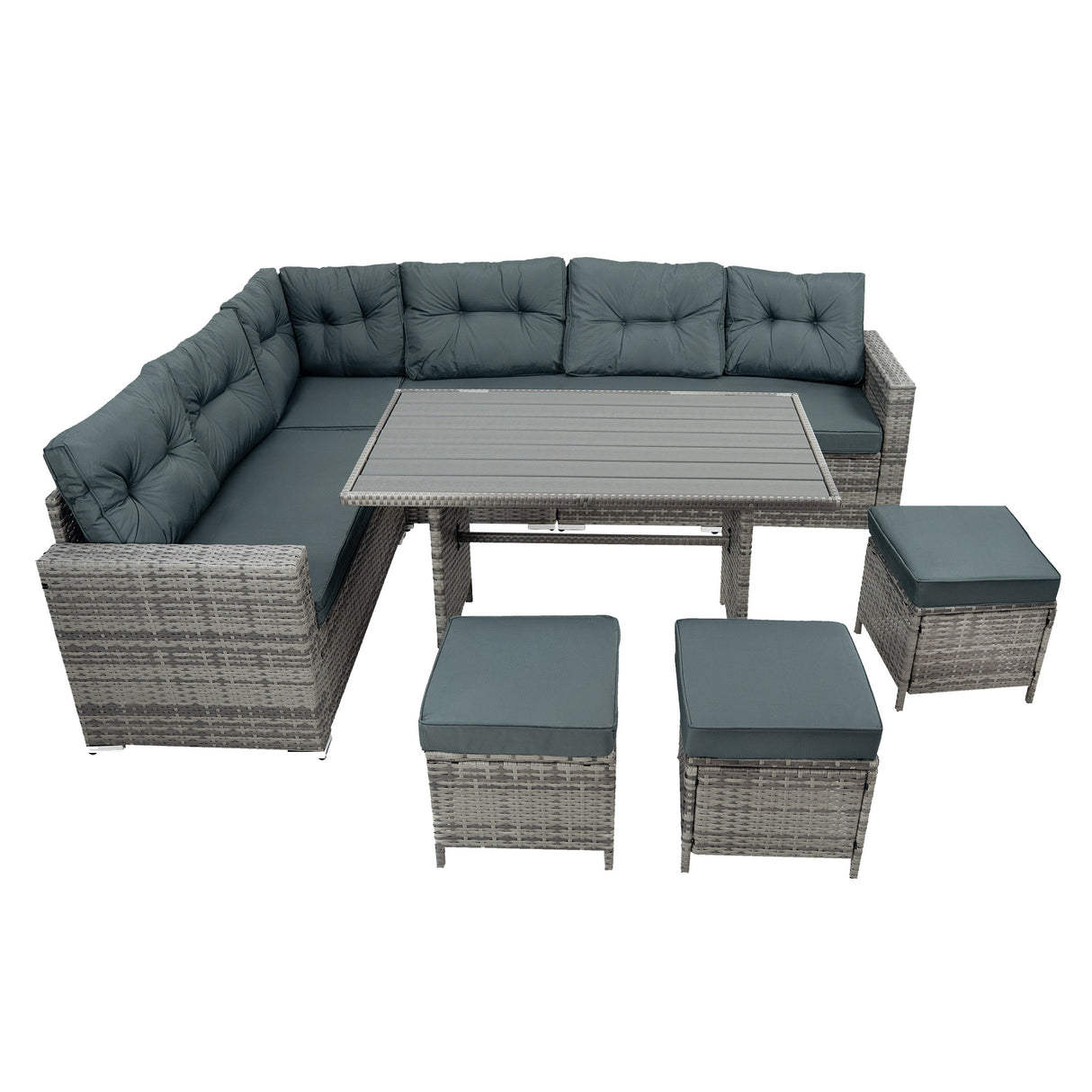 Set Angolare in Rattan 9 Posti con Tavolo in Polywood – Grigio con Cuscini Grigi