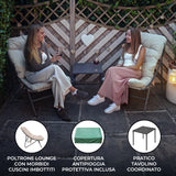 Set bistro da giardino in grigio e crema con due poltrone lounge imbottite e tavolino coordinato, ideale per esterni