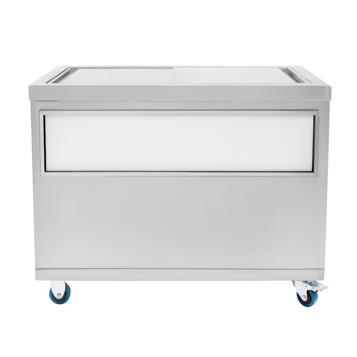 Banchina refrigerata in acciaio inox con ruote, superficie liscia e finitura lucida, ideale per esposizione e conservazione di alimenti