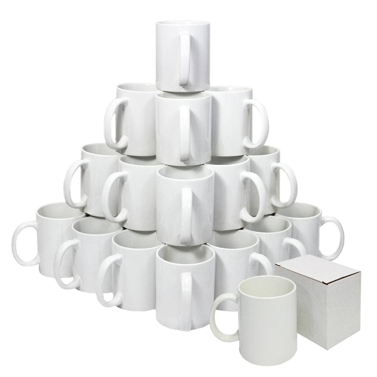 Tazze per sublimazione in ceramica bianca, impilate in una piramide, con una scatola bianca accanto, perfette per personalizzazioni