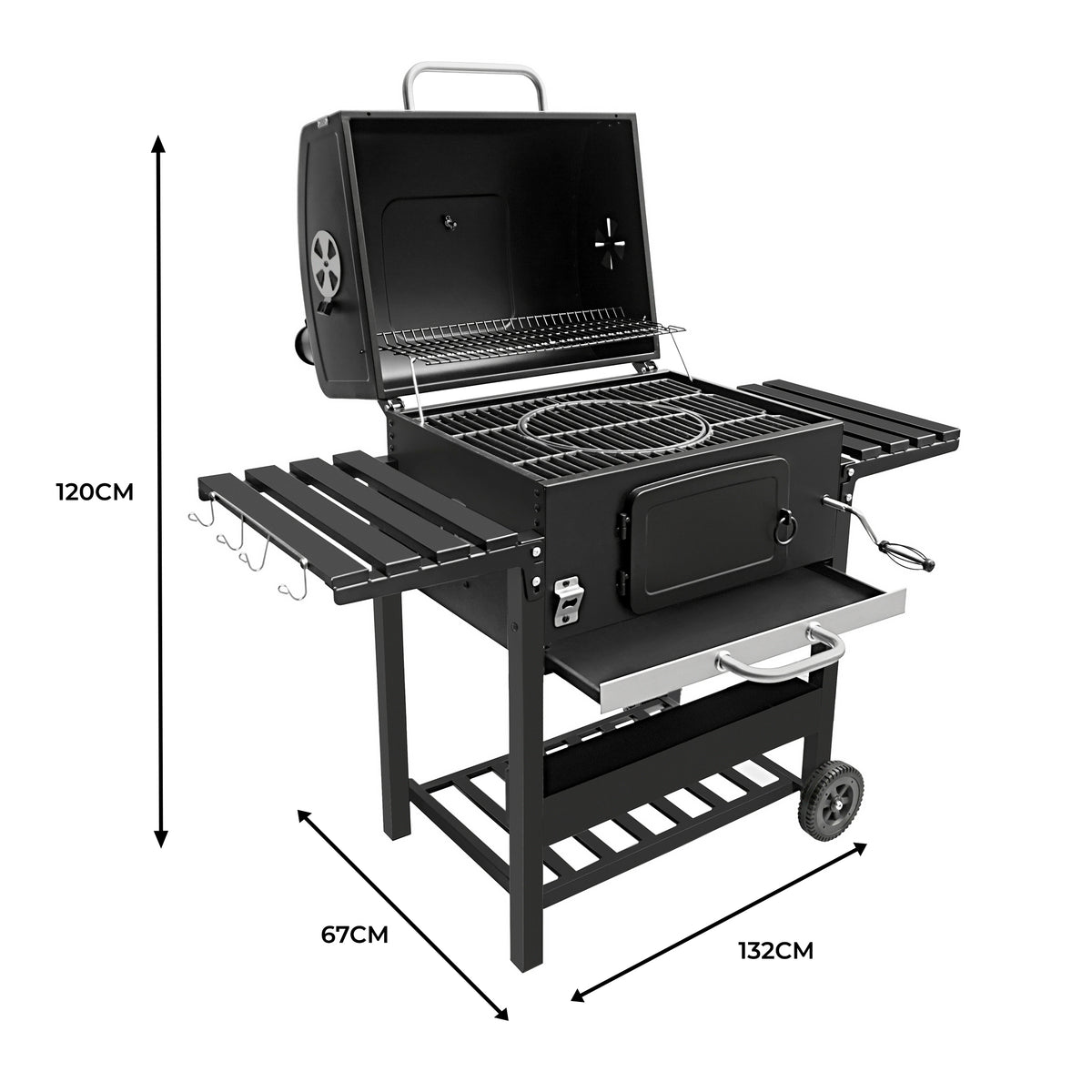 Barbecue affumicatore XL a carbone, griglia in ghisa, struttura nera, ripiani laterali in metallo, ruote per facilità di movimento