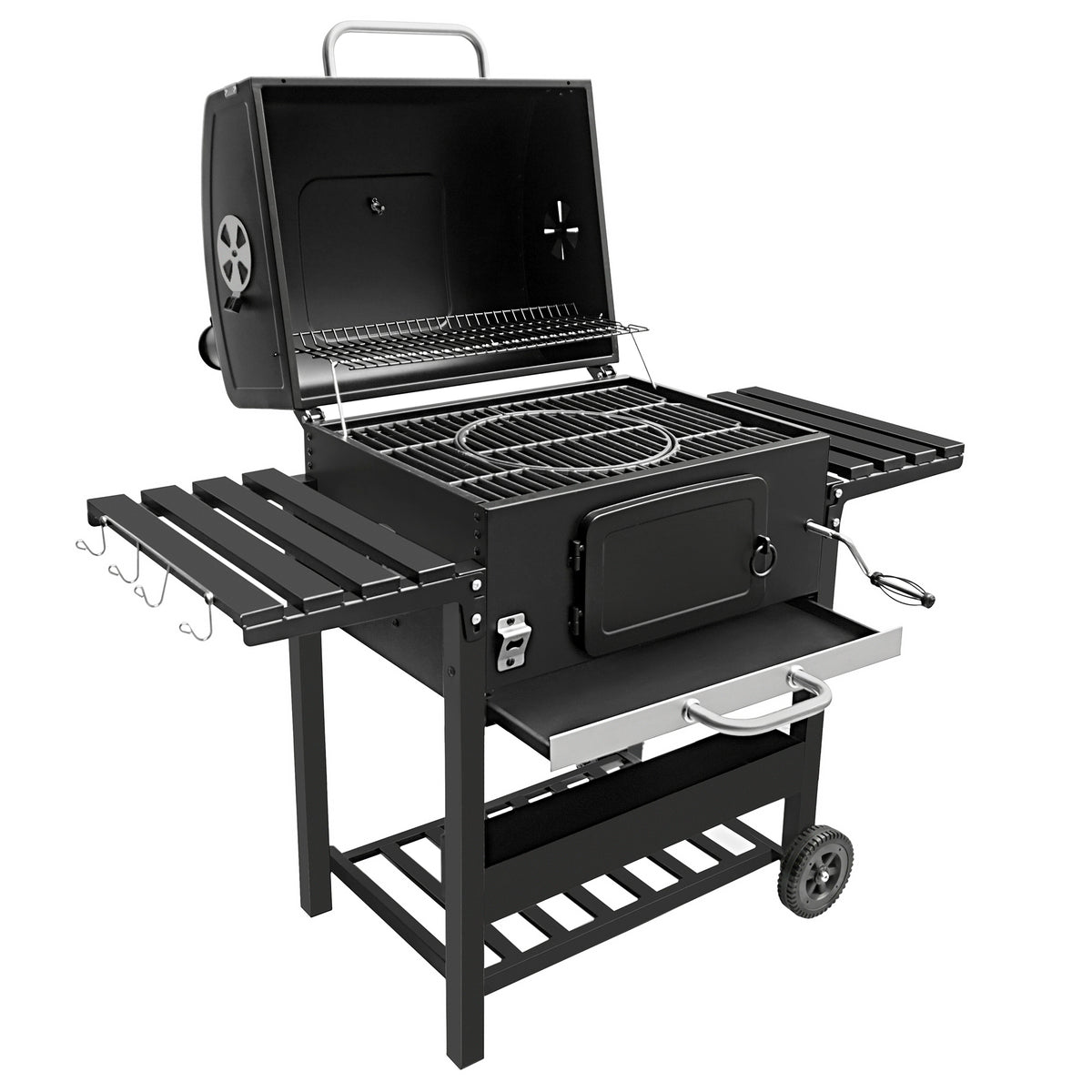 Barbecue affumicatore XL a carbone con griglia in ghisa, struttura nera, ripiani laterali e ruote per facile spostamento