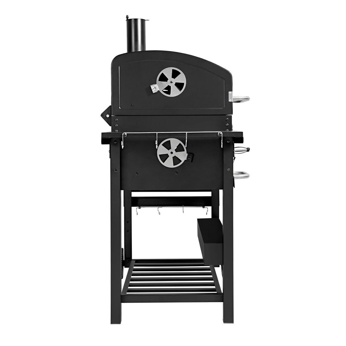 Barbecue affumicatore XL a carbone con griglia in ghisa, struttura nera, ruote per mobilità e coperchio con camino superiore