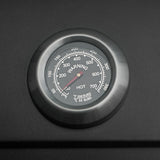 Termometro da barbecue con quadrante nero e indicazioni di temperatura in gradi Fahrenheit e Celsius, bordo in acciaio inox lucido