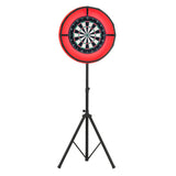 Tavolo giochi 7-in-1 effetto rovere con set freccette, luce LED rossa e struttura nera, ideale per il divertimento in casa