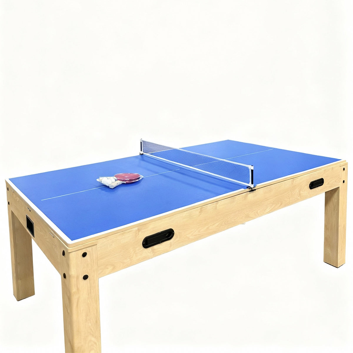 Tavolo da gioco effetto rovere con superficie blu, rete da ping pong, racchette e pallina, ideale per il divertimento in famiglia