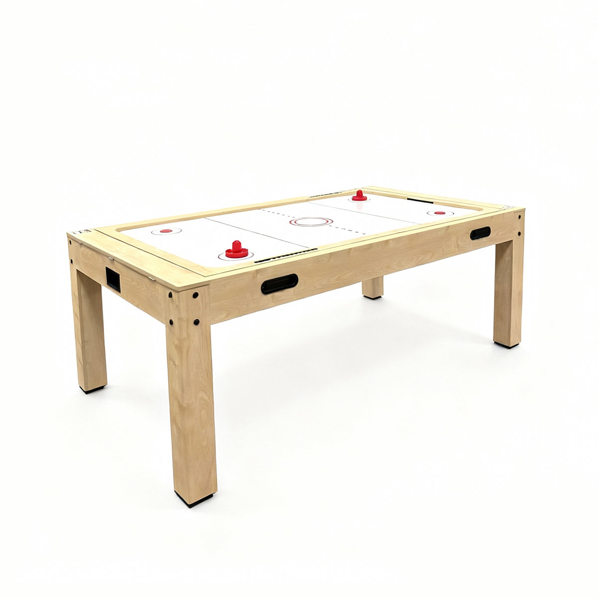 Tavolo giochi 7-in-1 effetto rovere, con superficie bianca, bordi in legno chiaro e dettagli rossi per freccette e luci LED