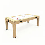 Tavolo giochi 7-in-1 effetto rovere, con superficie bianca, bordi in legno chiaro e dettagli rossi per freccette e luci LED