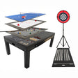 Tavolo giochi grigio 7-in-1 con superficie liscia, set freccette, luci LED e vari giochi come biliardo e ping pong