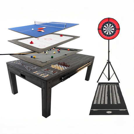Tavolo giochi grigio 7-in-1 con superficie liscia, set freccette, luci LED e vari giochi come biliardo e ping pong