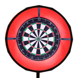 Tavolo giochi grigio con superficie da freccette, cerchio luminoso rosso e design moderno, ideale per divertimento e intrattenimento