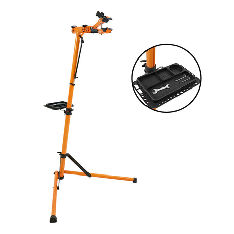 Cavalletto riparazione bici arancione con supporto regolabile, ripiano per attrezzi e base stabile per lavori di manutenzione