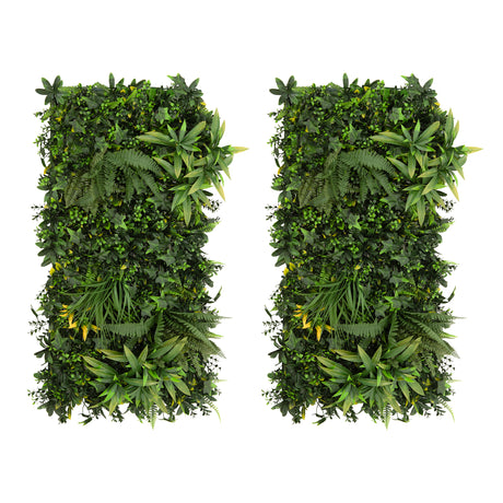 Pannello vegetale artificiale Ayla con foglie verdi, diverse texture e forme, ideale per decorare pareti e spazi interni