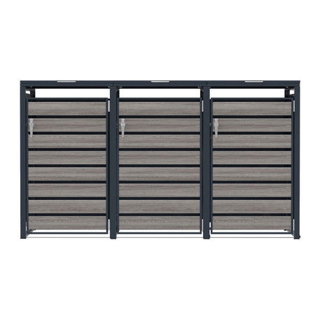 Cancello moderno in metallo grigio scuro con pannelli in legno chiaro, design elegante e linee pulite, ideale per esterni