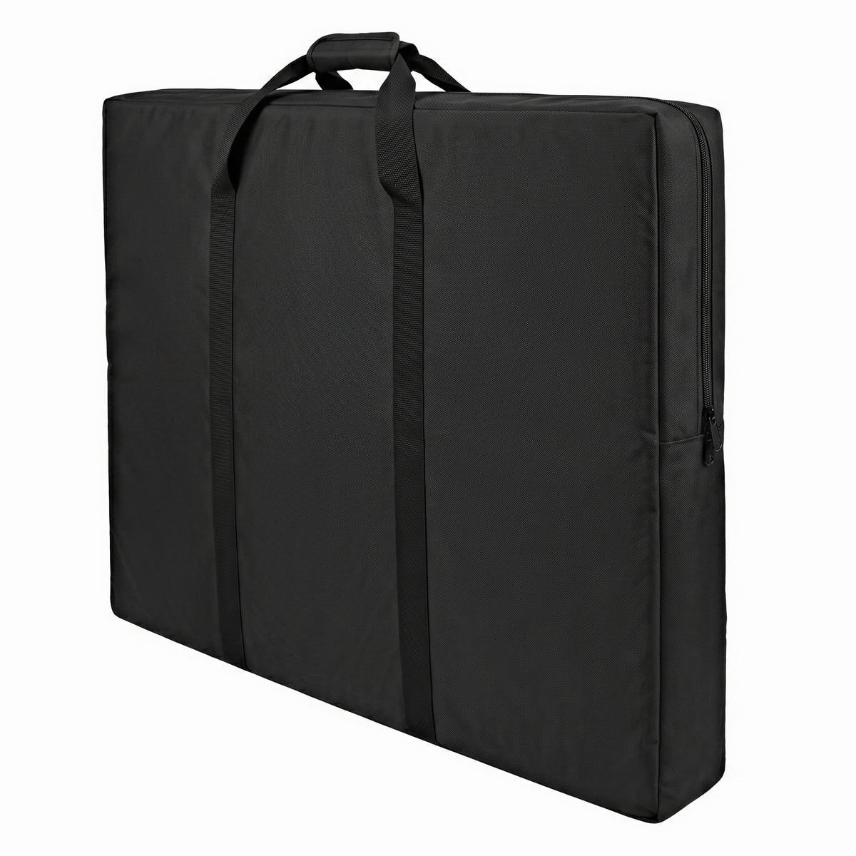 Borsa nera in tessuto resistente con maniglie, ideale per trasportare oggetti, con zip e design semplice e funzionale