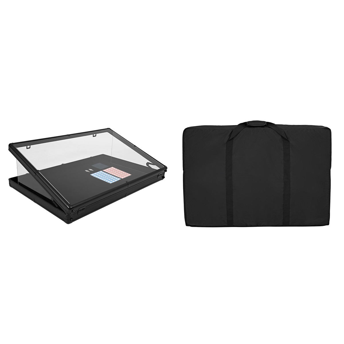 Scatola espositiva in acrilico trasparente con base nera, include una borsa nera per il trasporto, ideale per mostre e eventi