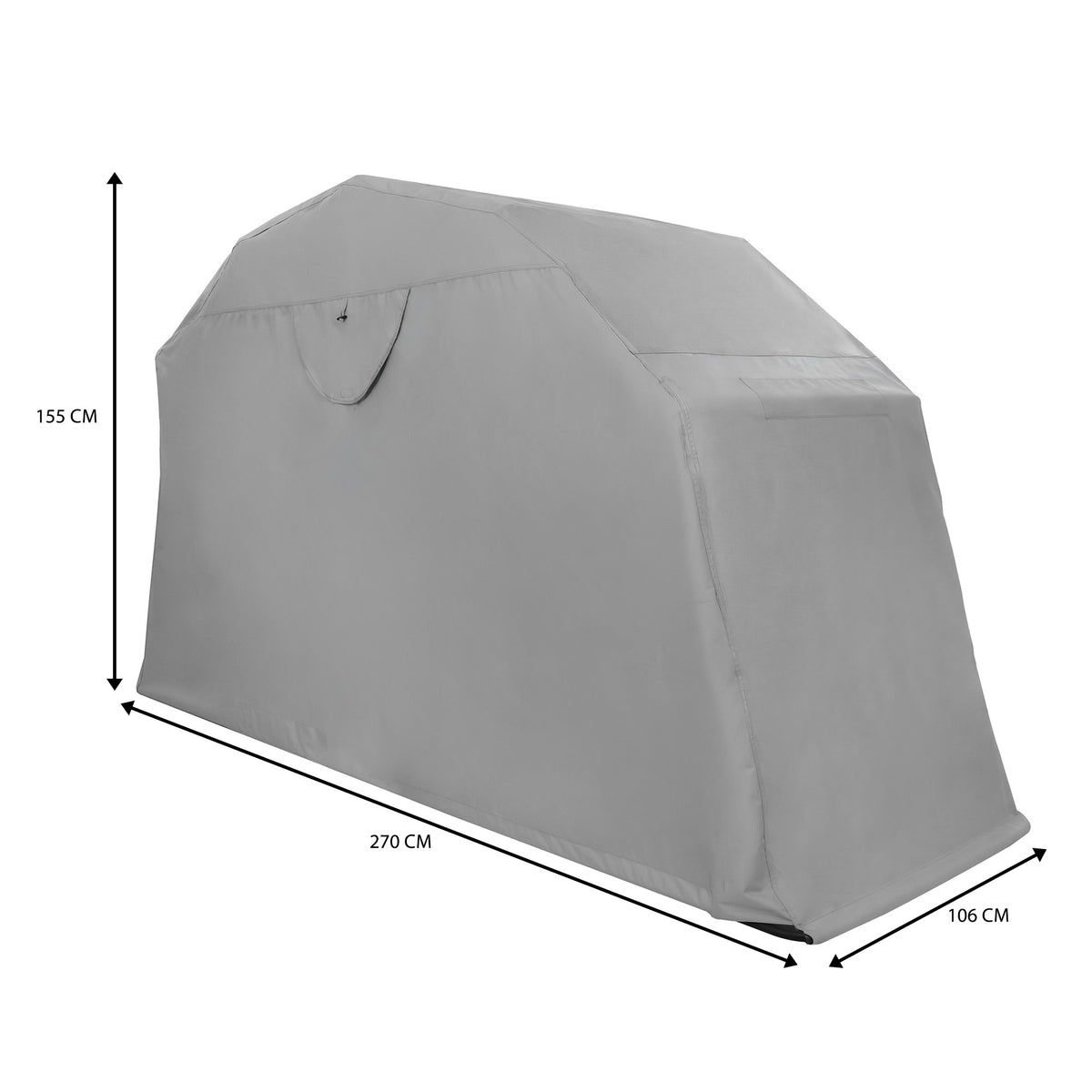 Tenda per moto grigia, resistente e impermeabile, con dimensioni di 270 cm x 106 cm x 155 cm, ideale per proteggere il veicolo