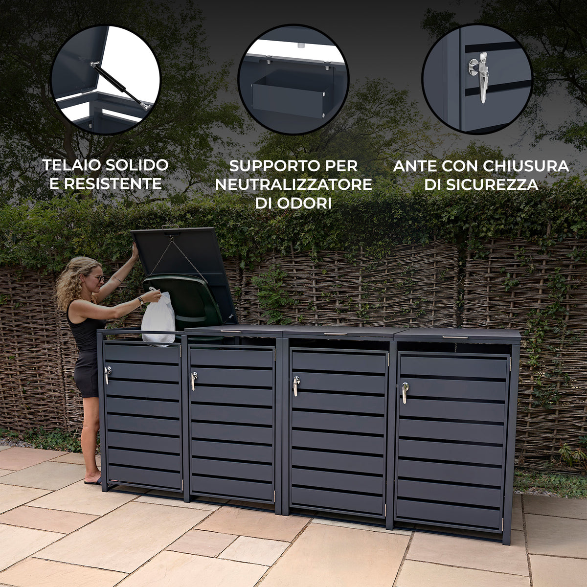 Cassonetto da giardino grigio scuro con ante a doghe, chiusura di sicurezza e supporto per neutralizzare odori, in un ambiente esterno