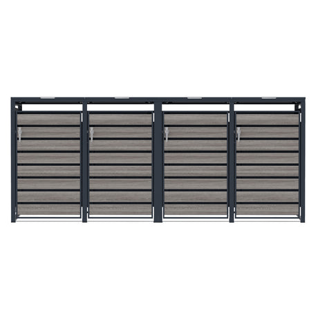 Recinzione moderna in metallo grigio scuro con pannelli in legno chiaro, linee pulite e design elegante, ideale per esterni