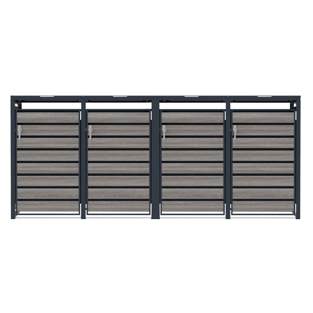 Recinzione moderna in metallo grigio scuro con pannelli in legno chiaro, linee pulite e design elegante, ideale per esterni