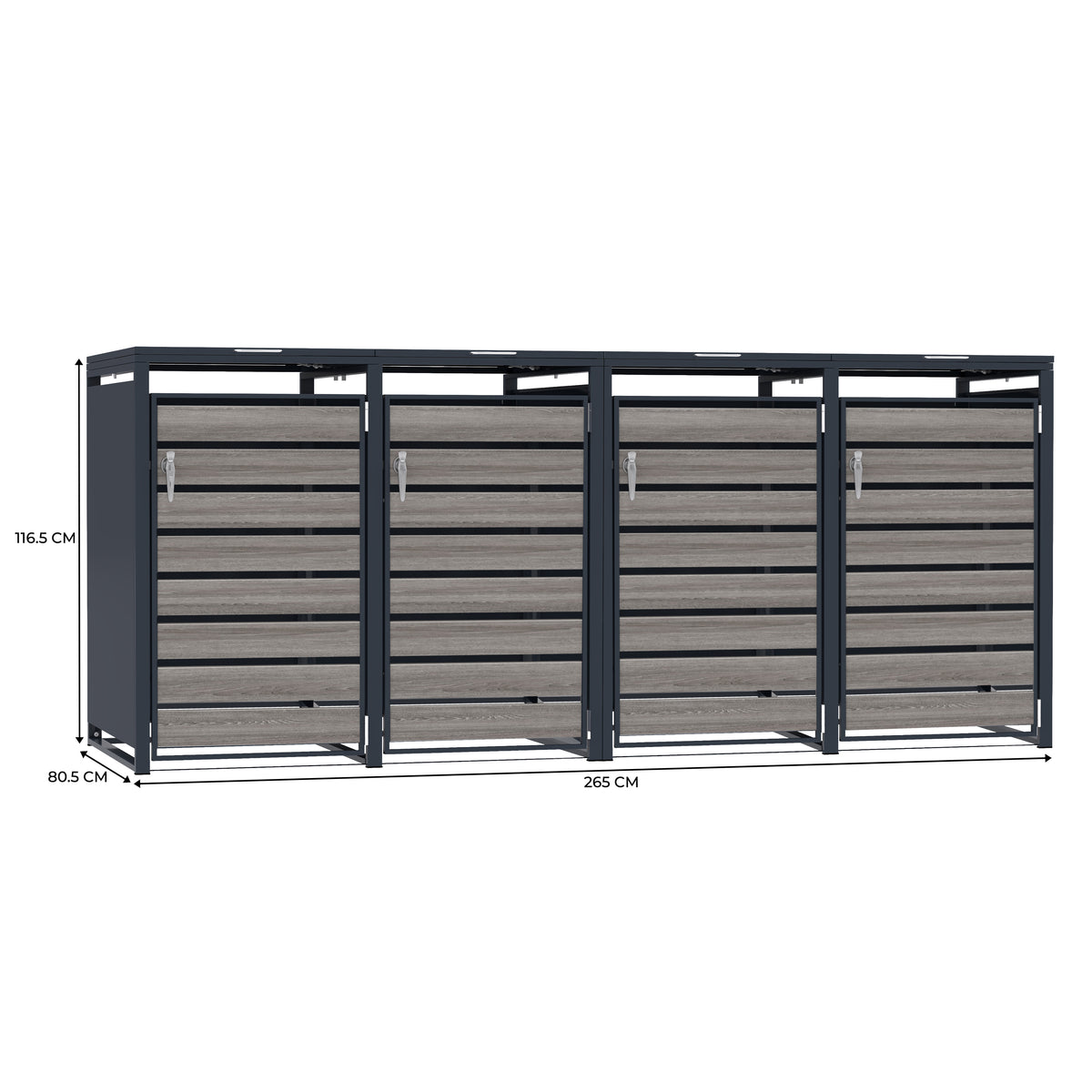Armadio moderno in metallo nero con ante in legno grigio, dimensioni 265 cm di larghezza, 116,5 cm di altezza e 80,5 cm di profondità