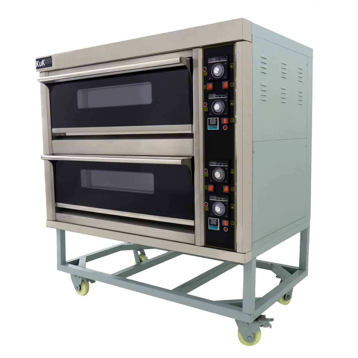 Forno professionale KuKoo per pizza e panificazione, grande, a doppia camera, con finitura in acciaio inox e manopole di controllo colorate