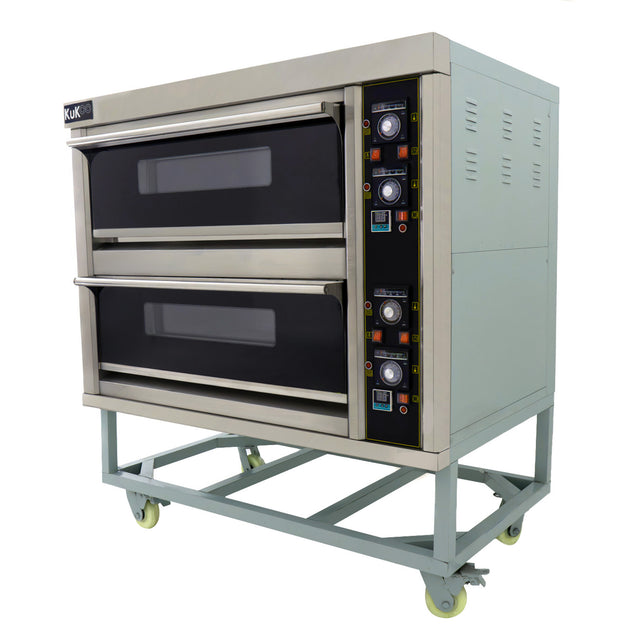 Forno professionale KuKoo per pizza e panificazione, grande, a doppia camera, con finitura in acciaio inox e manopole di controllo colorate