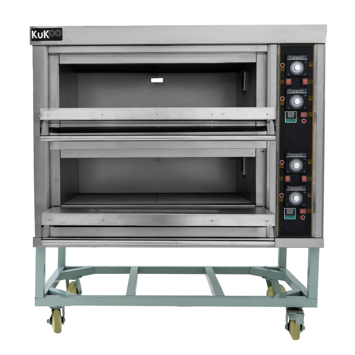 Forno professionale KuKoo per pizza e panificazione, struttura in acciaio inox, doppia camera, controlli digitali, ruote per mobilità