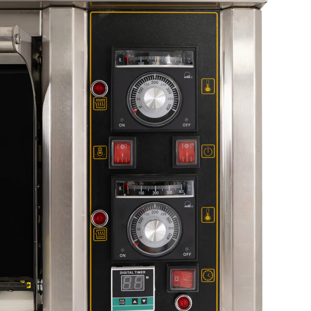 Pannello di controllo del forno professionale KuKoo, con manopole per temperatura, timer digitale e indicatori luminosi rossi e verdi