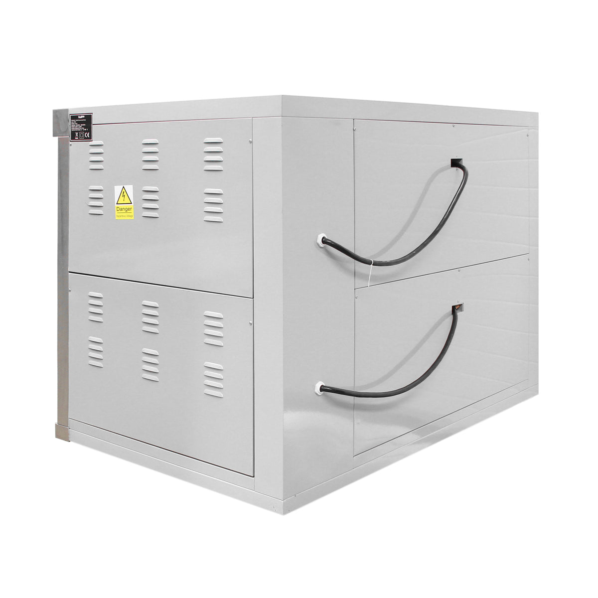 Forno a convezione KuKoo da 60 cm, struttura in acciaio inox, finitura lucida, maniglie nere e griglie di ventilazione laterali