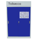 Armadio per tabacco con porte blu, etichetta che avverte della vendita illegale ai minori di 18 anni, design semplice e funzionale