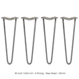 4 Gambe da Tavolo a Forcina 40.6cm - 2 Rebbi - 12mm - Acciaio Naturale